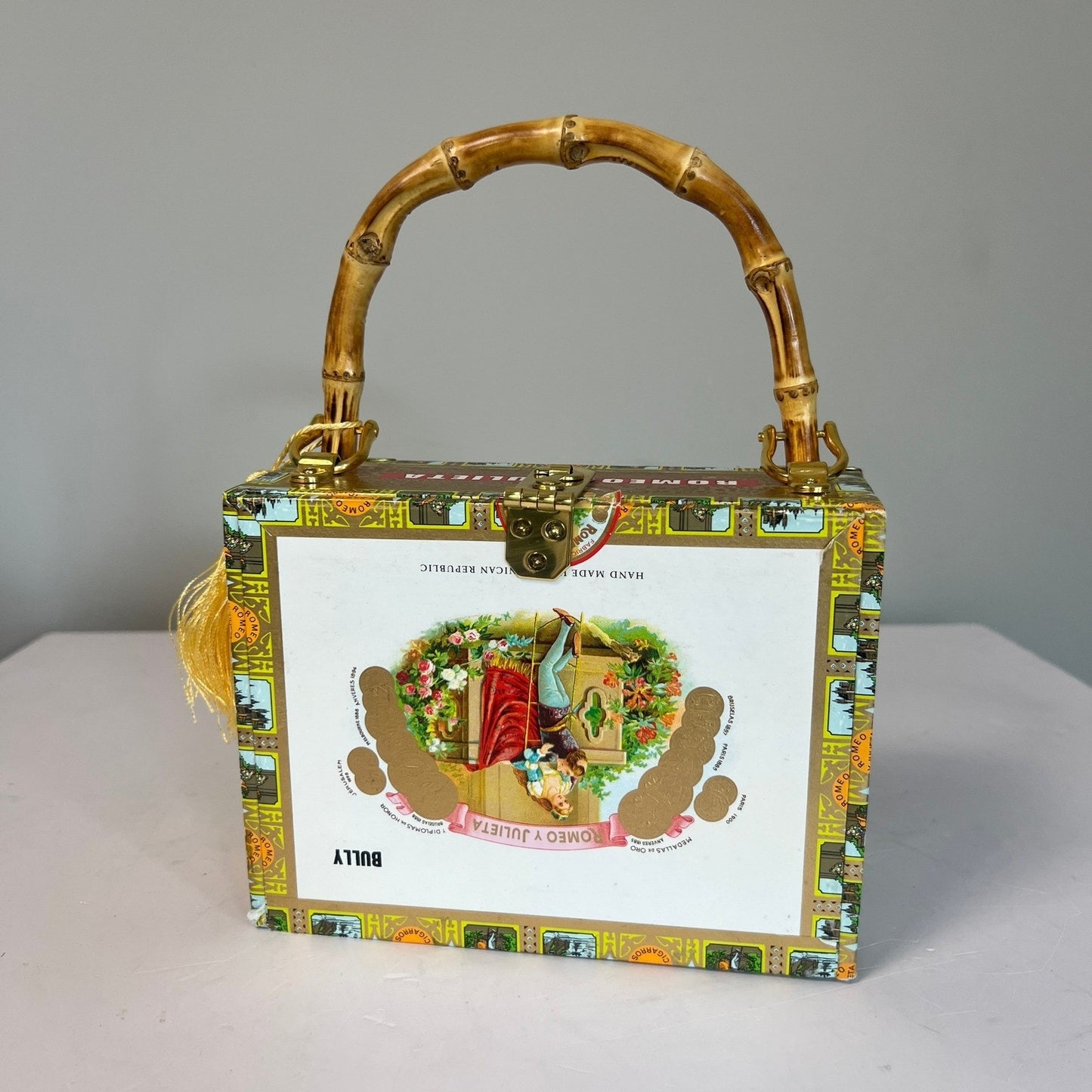 Kay Warren Cigar Box Purse Womens Multicolor Bamboo Handle Romeo y Julieta