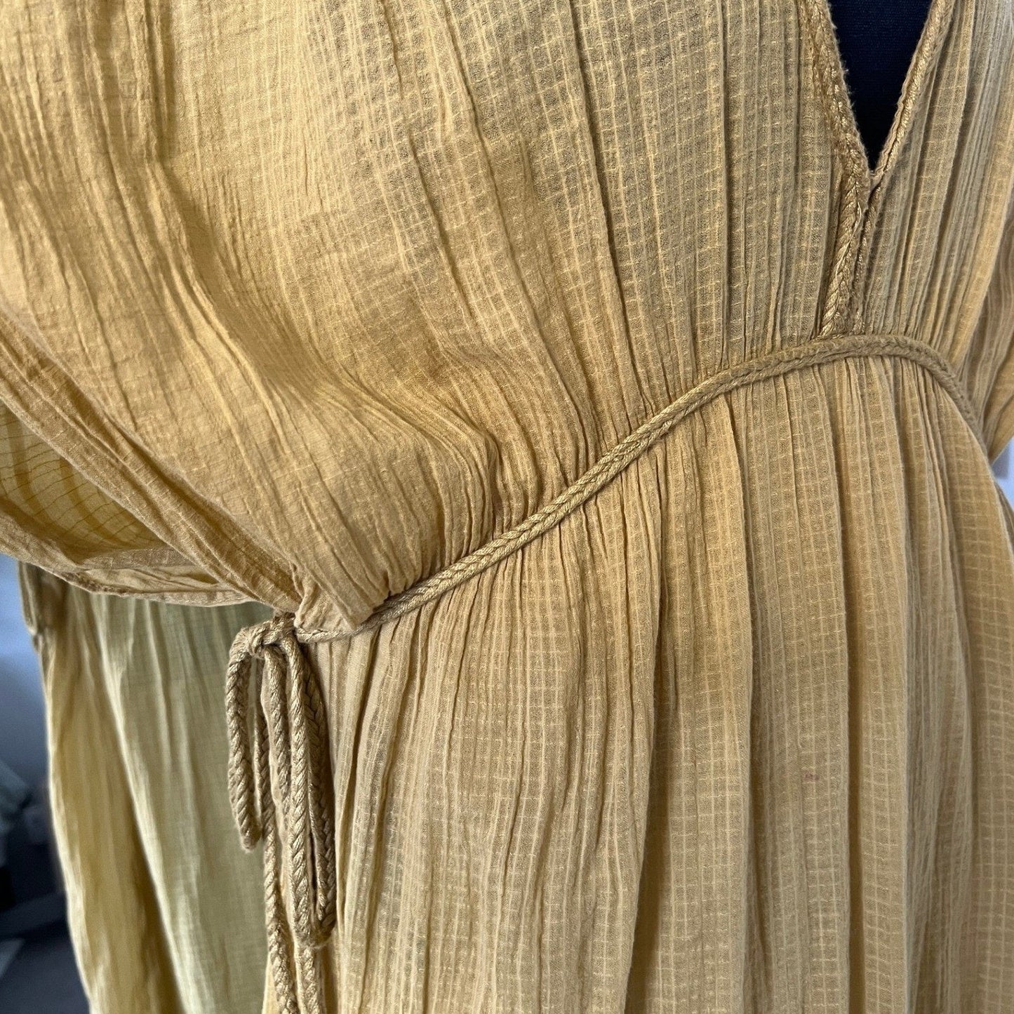 Zara Maxi Dress Womens M Yellow V-Neck Textured Tassel Boho Beach Kaftan