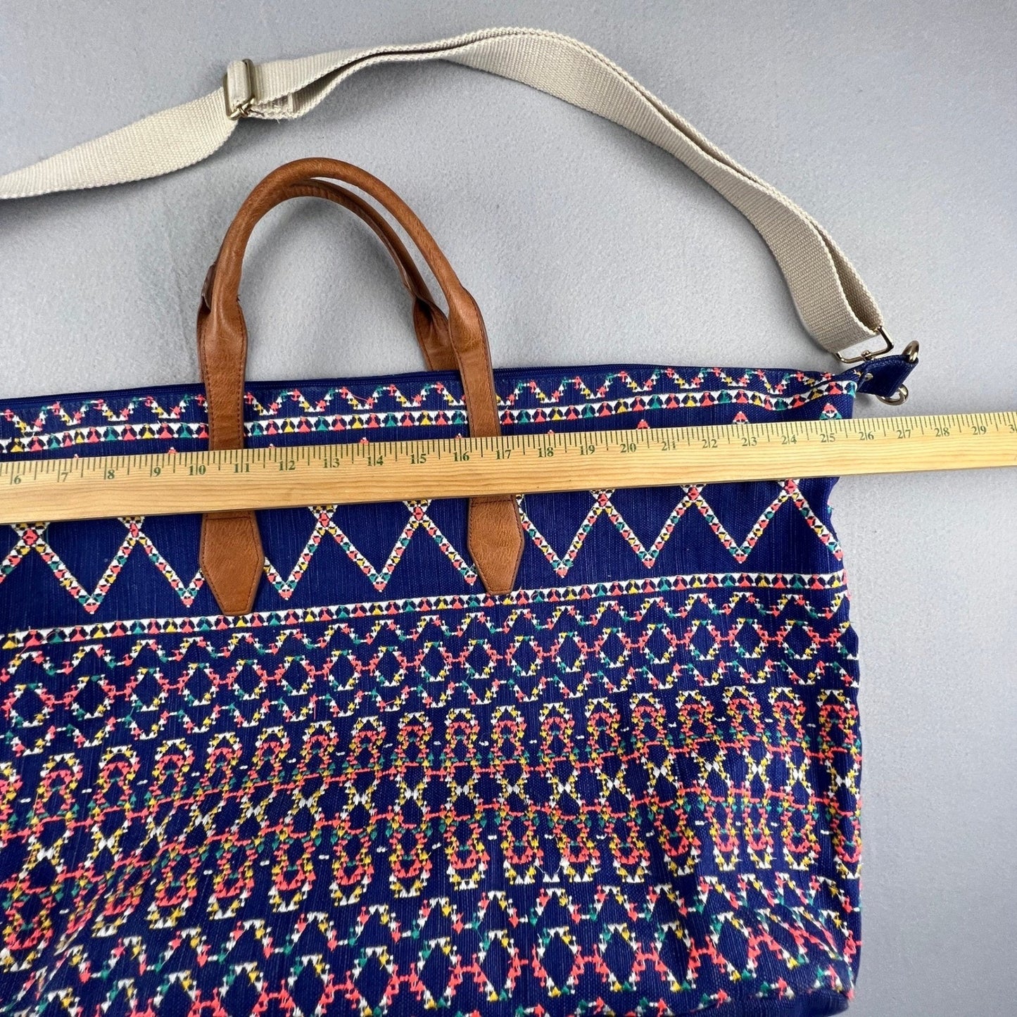 Boho Weekender Travel Bag Large Blue Embroidered Geometric Tote Carry On