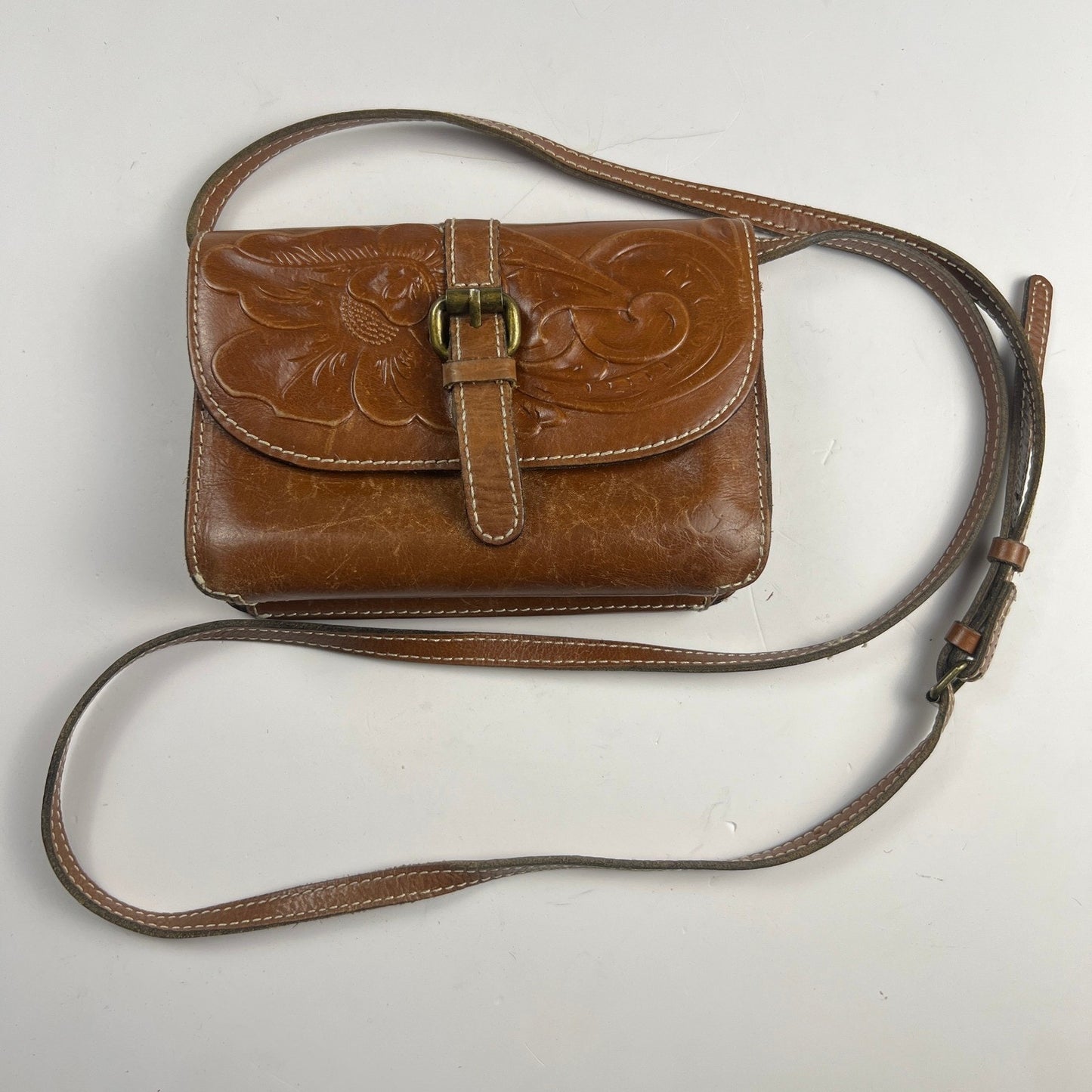 Patricia Nash Tooled Leather Crossbody Bag Tan Floral Embossed Vintage Boho