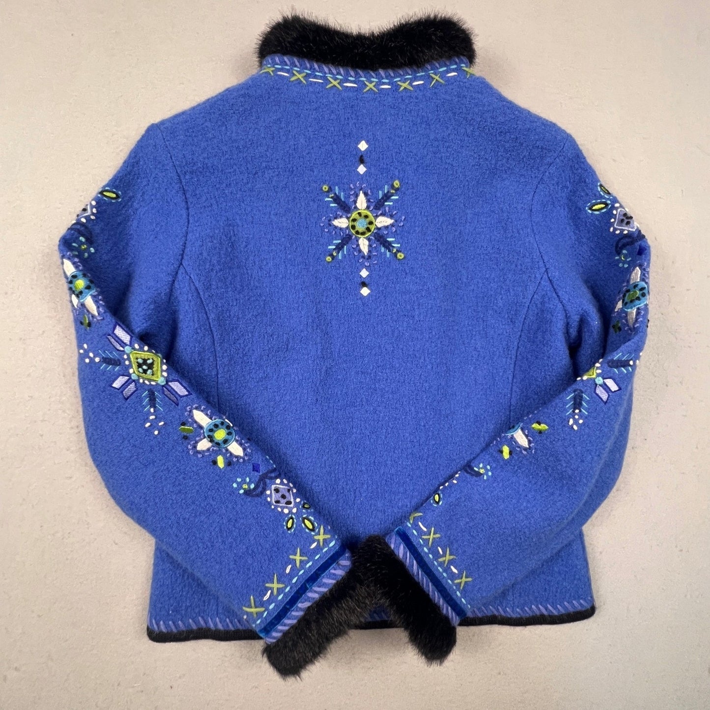 Carson Wool Embroidered Jacket Womens Small Blue Faux Fur Trim Boho Folk Art