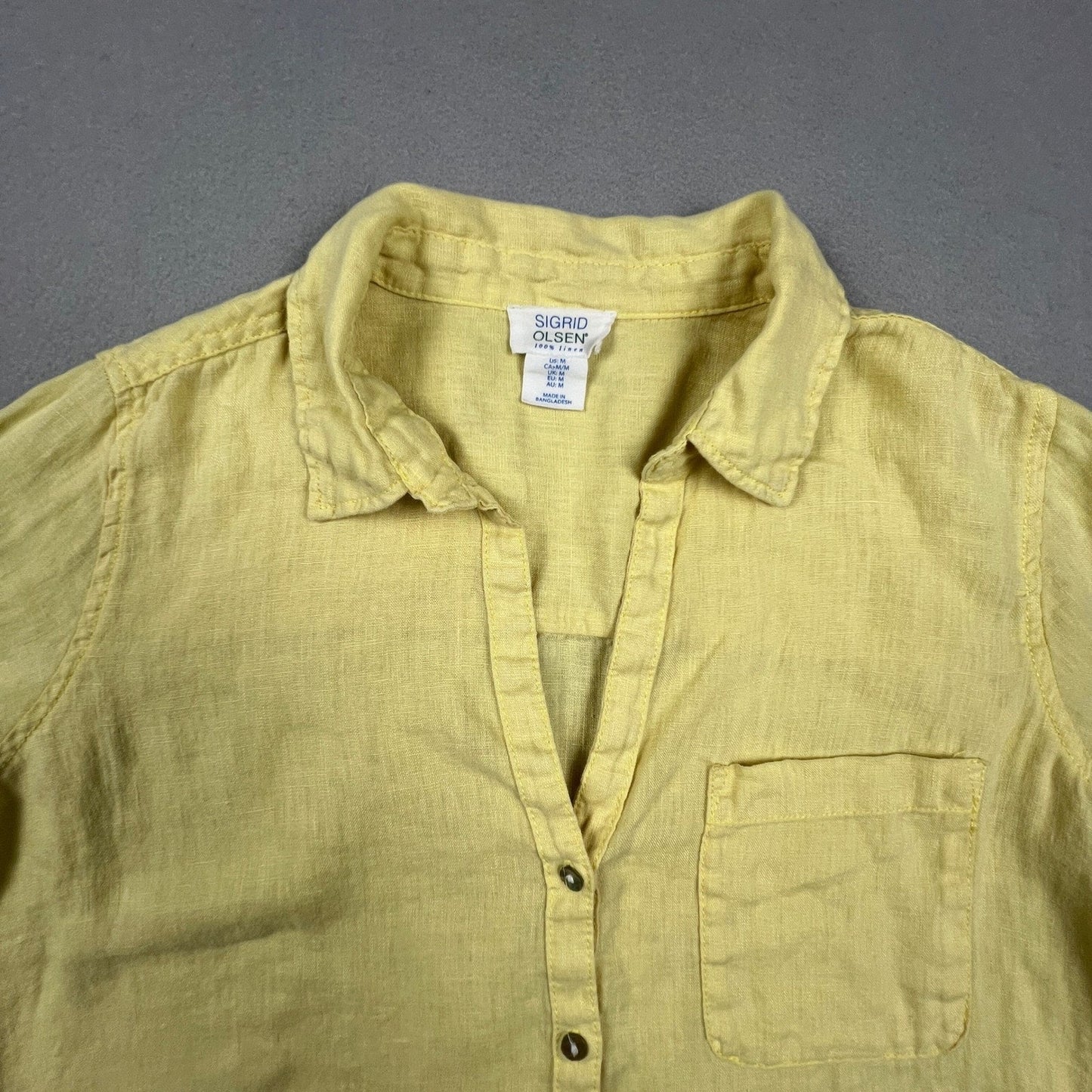 Sigrid Olsen Linen Button Down Shirt Women Medium Yellow Roll Tab Coastal Summer