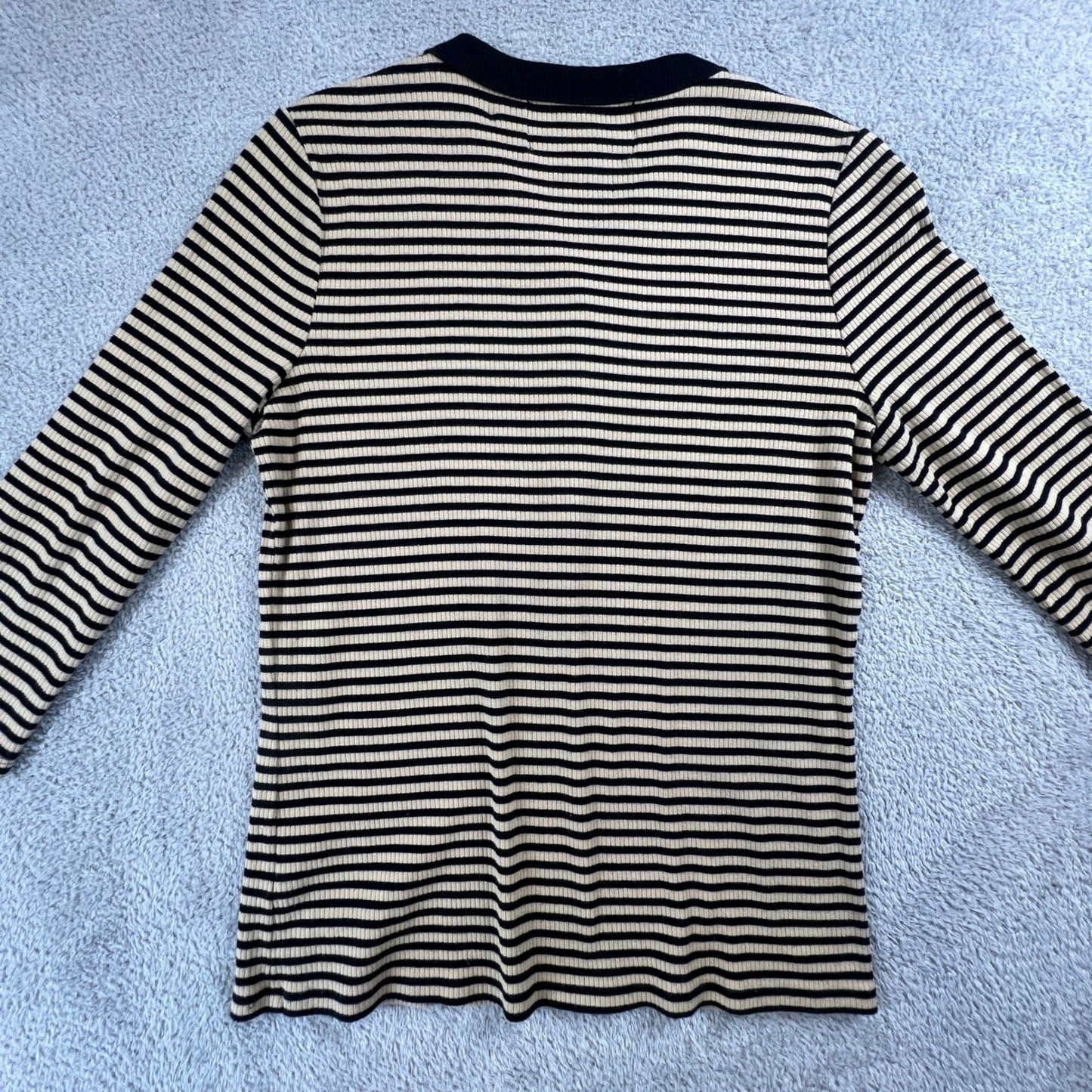 Lauren Ralph Lauren Henley Top Womens Medium Tan Navy Striped Ribbed Knit Preppy