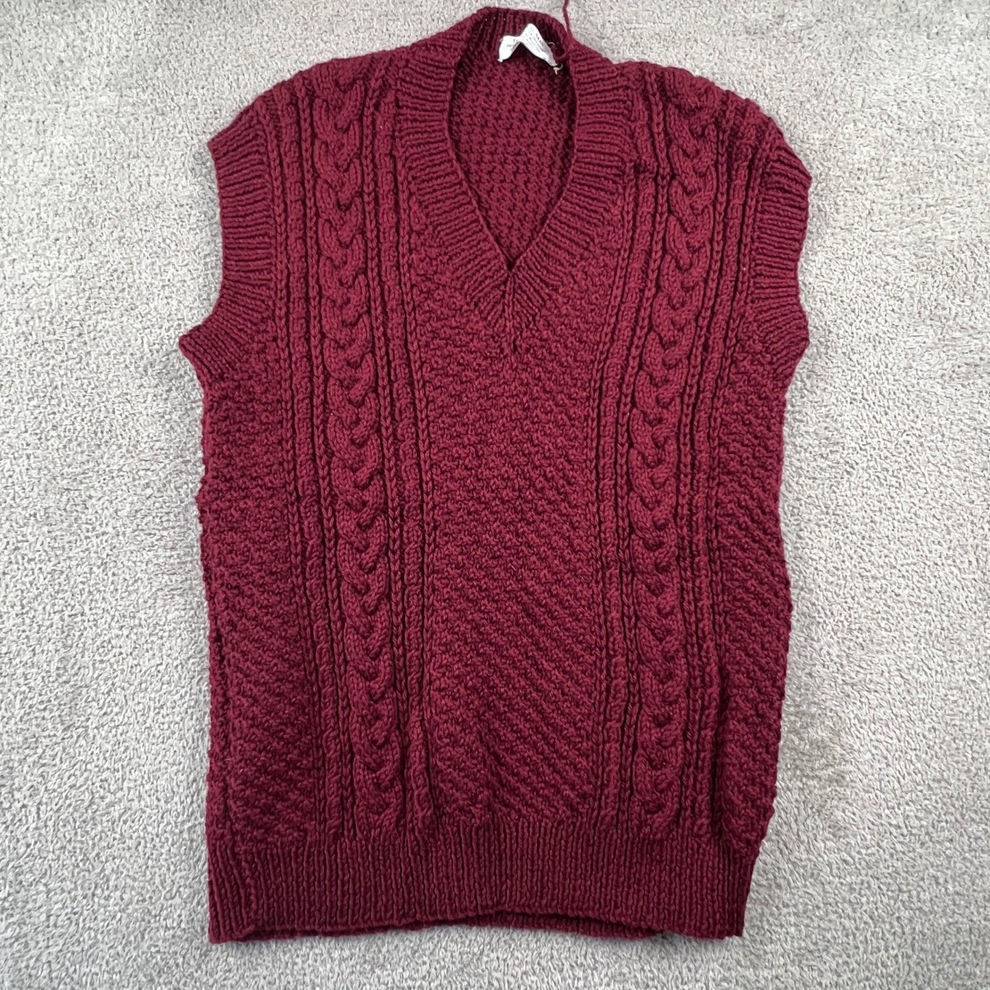 Vintage Aran Handknitted Wool Sweater Vest Women's M Burgundy V-Neck Cable Knit