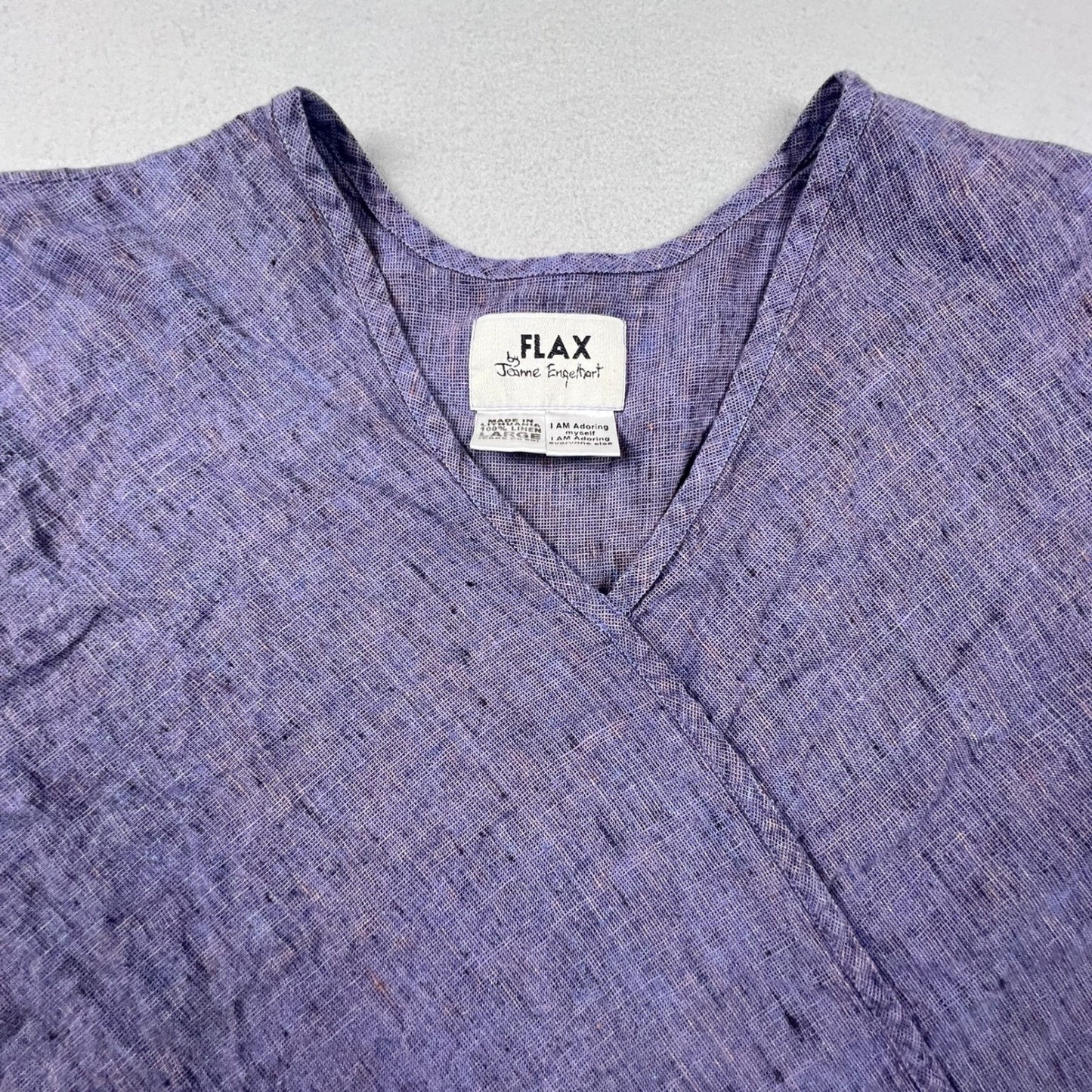 FLAX Linen Tunic Top Womens Large Purple Faux Wrap V-Neck Lagenlook Coastal Boho