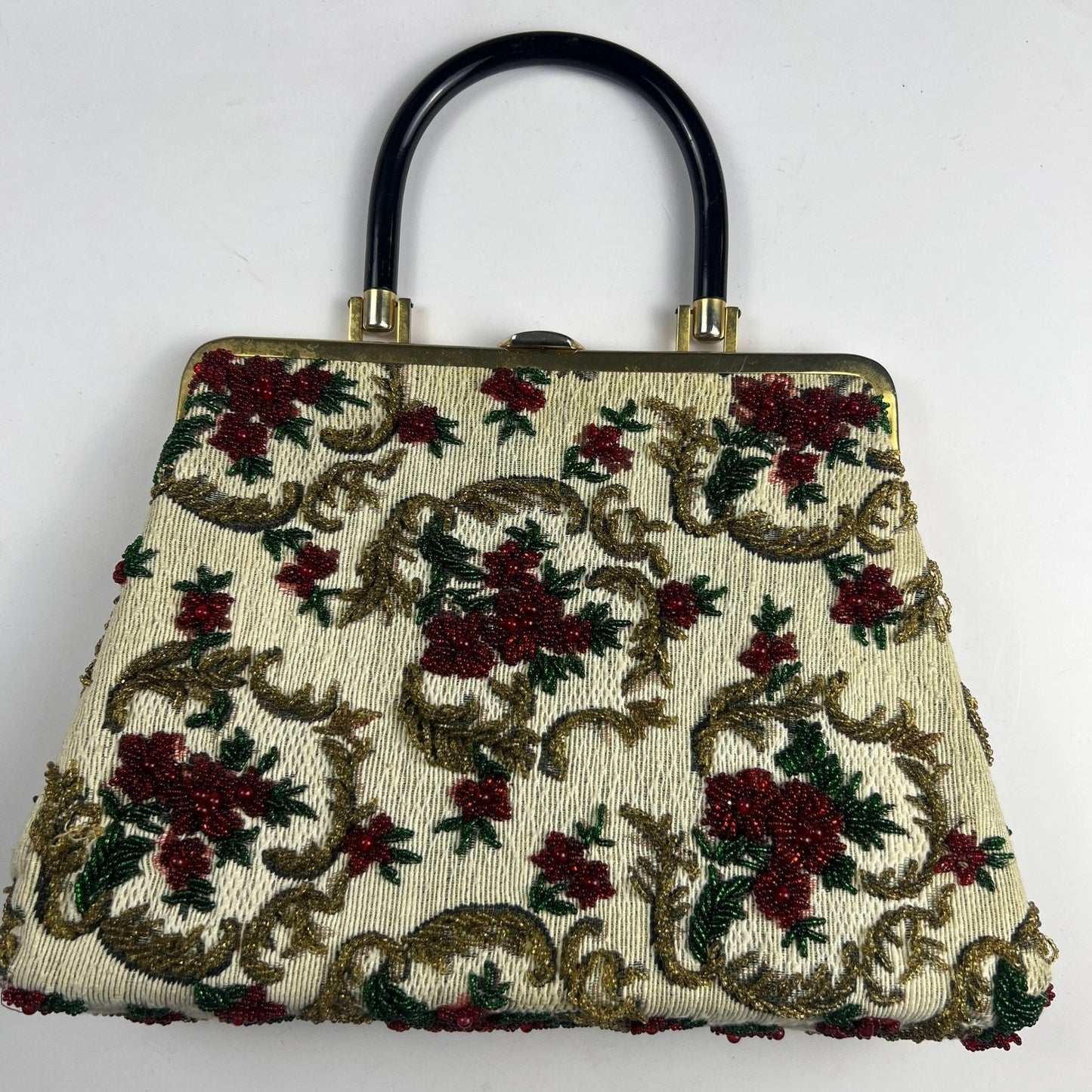 Vintage 1950s Beaded Tapestry Handbag Floral Lucite Handle MCM Evening Purse