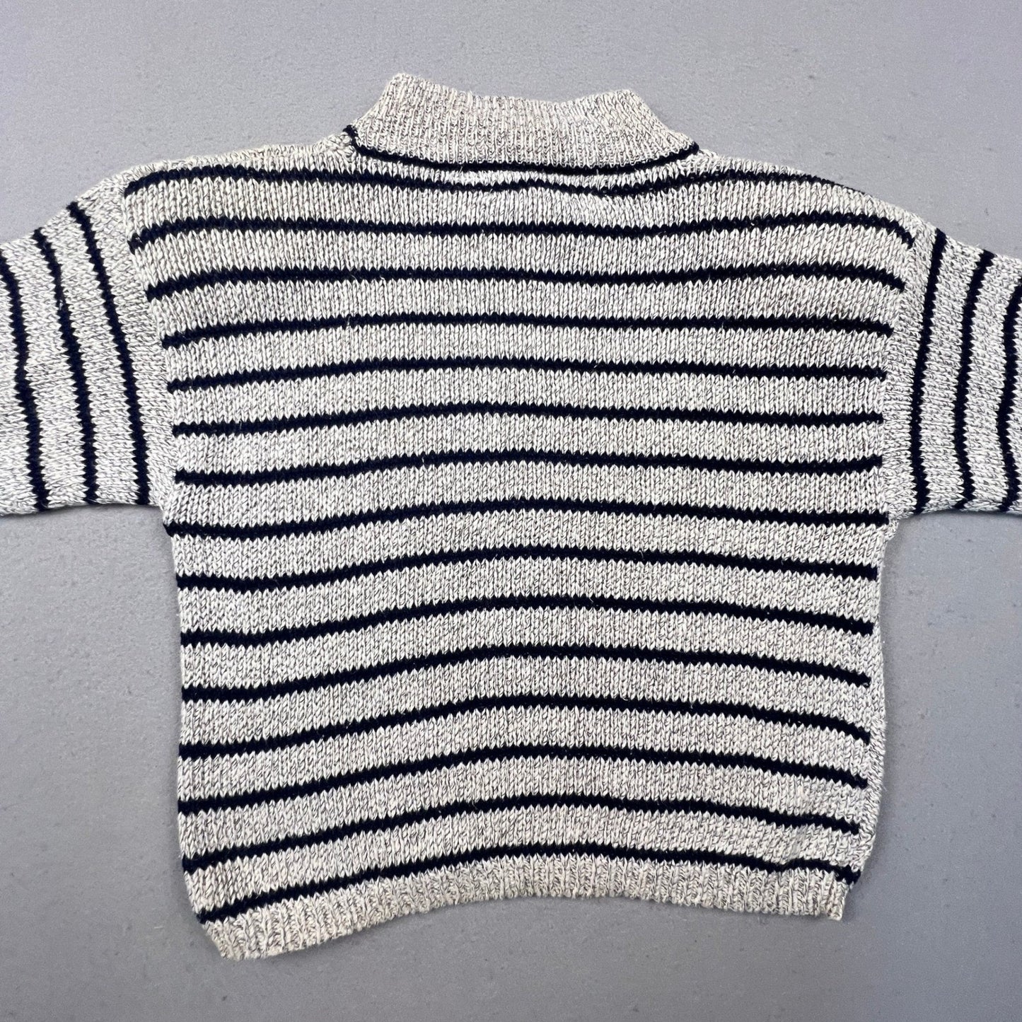 T.Q. Vintage Mock Neck Sweater Womens Small Grey Navy Striped Cable Knit Cotton