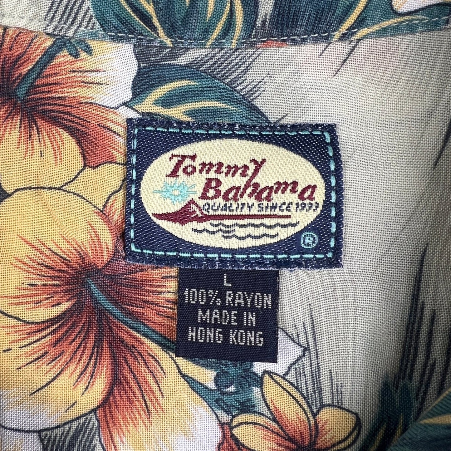 Vtg Tommy Bahama Hawaiian Shirt Mens L Tan Floral Fish Tropical Camp Aloha