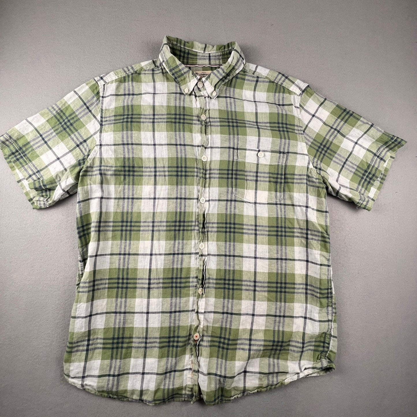 Weatherproof Vintage Plaid Shirt Mens XL Green Linen Blend Short Sleeve Casual