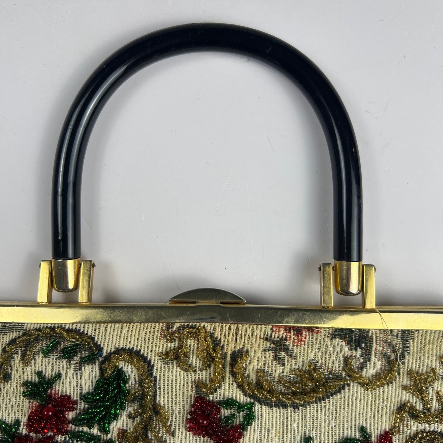 Vintage 1950s Beaded Tapestry Handbag Floral Lucite Handle MCM Evening Purse