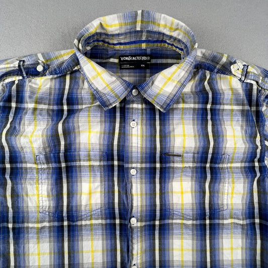 Ecko Unltd Button Down Shirt Mens XXL Blue Yellow Plaid Short Sleeve Urban Y2K