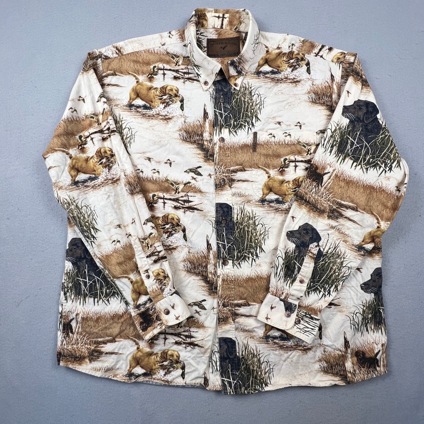 North River Hunting Dog Shirt Mens XL Beige Duck Lab Retriever All Over Print