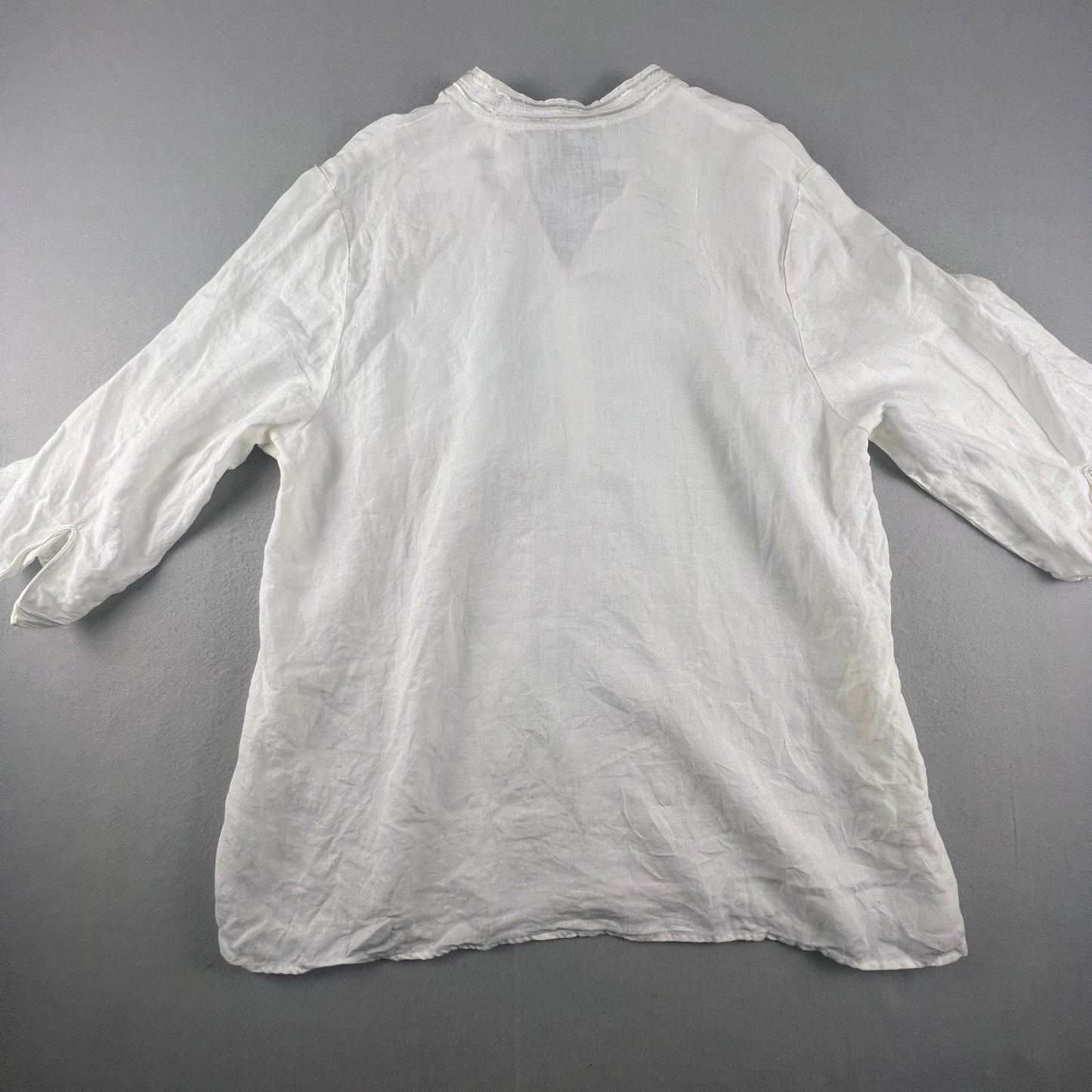100% Linen Edward Woman Tunic Men 2X White Irish Embroidered V-Neck Beach Coastal