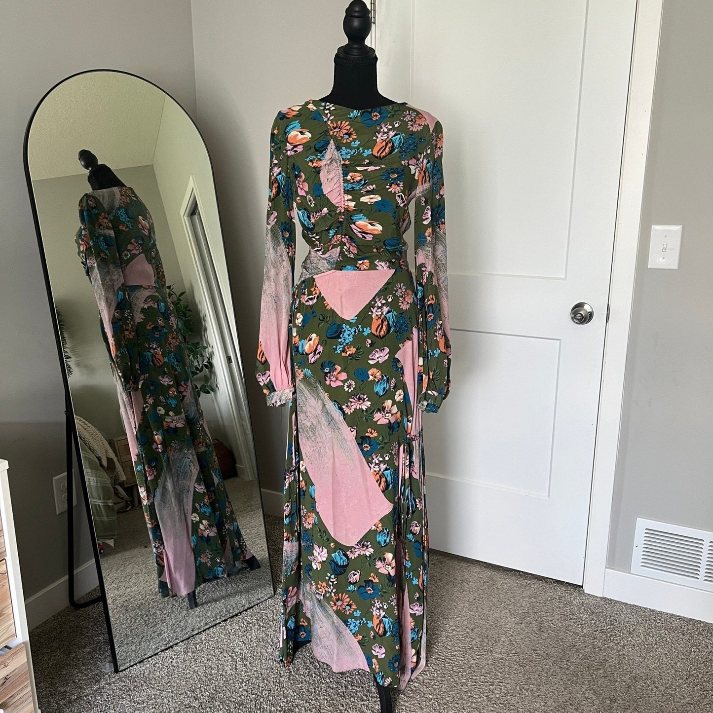 House of Holland Maxi Dress Womens 4 Green Floral Ruched Long Sleeve Boho Gown