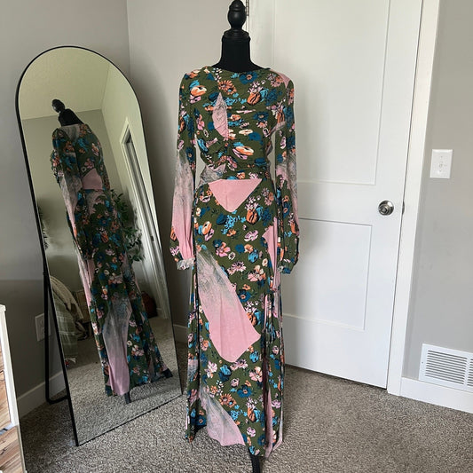 House of Holland Maxi Dress Womens 4 Green Floral Ruched Long Sleeve Boho Gown