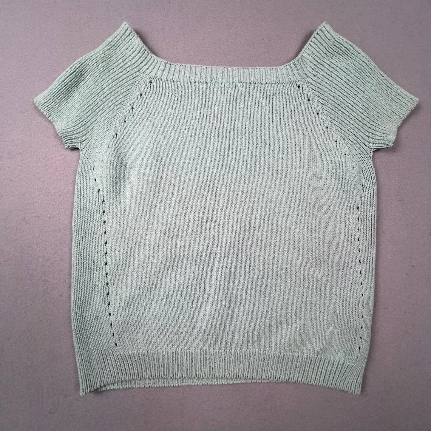 St. John Sport Knit Top Womens Medium Mint Green Square Neck Ribbed Short Sleeve