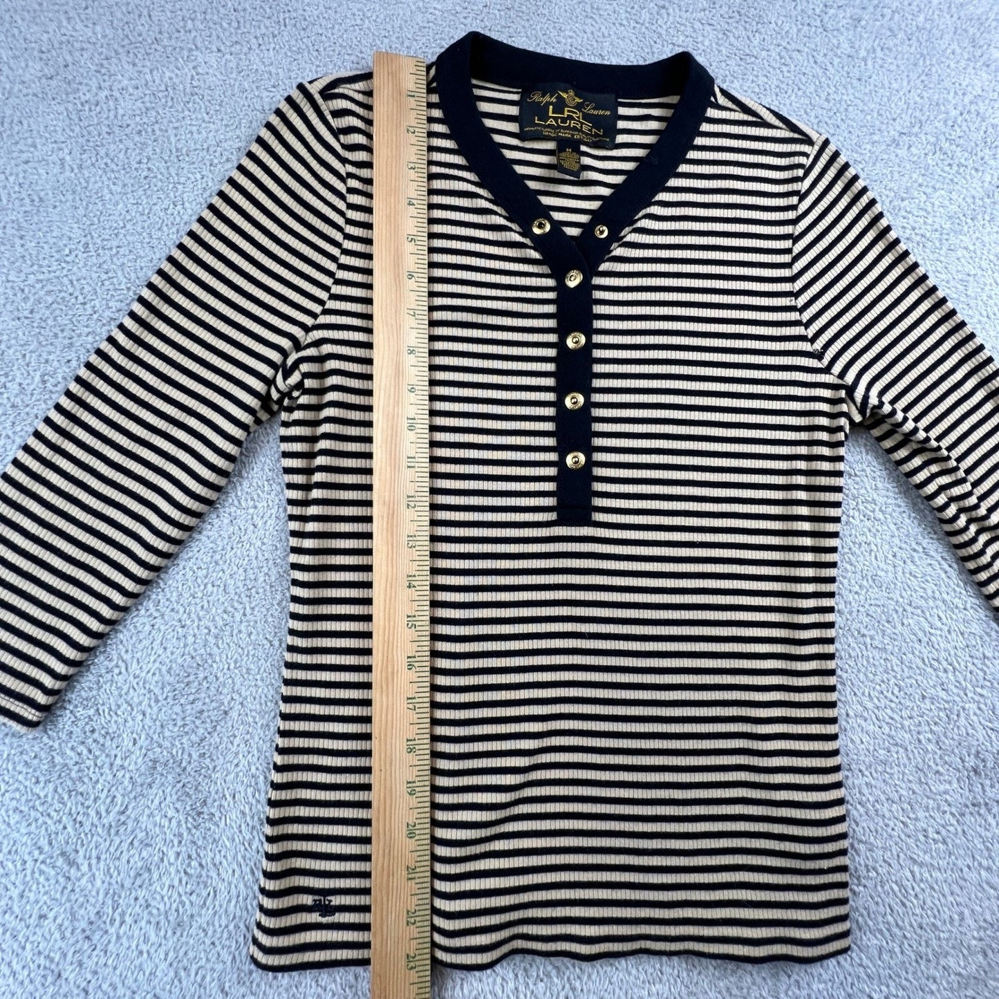 Lauren Ralph Lauren Henley Top Womens Medium Tan Navy Striped Ribbed Knit Preppy