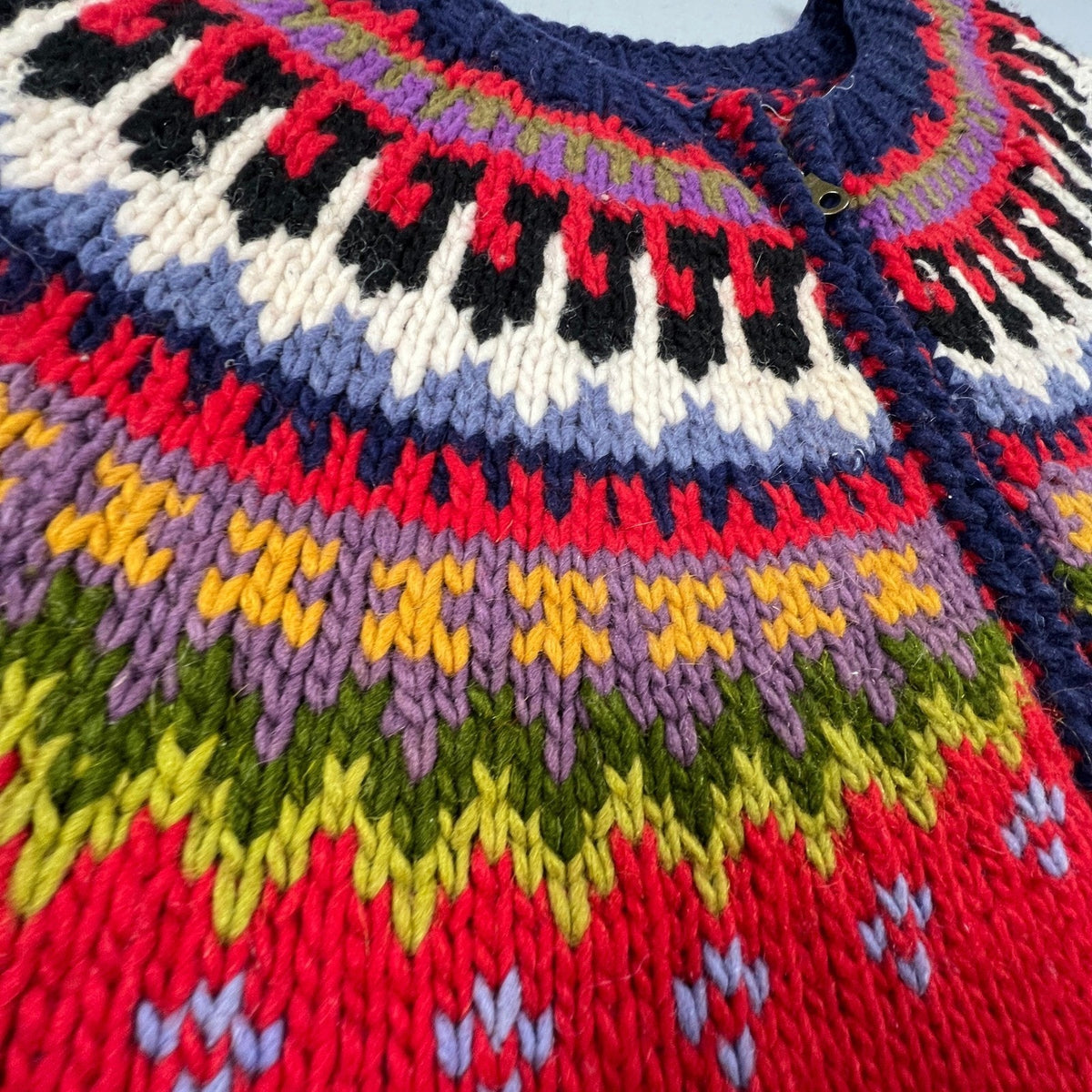 Handmade Fair Isle Zip Cardigan Sweater Mens XL Red Wool Knit Nordic Outdoor