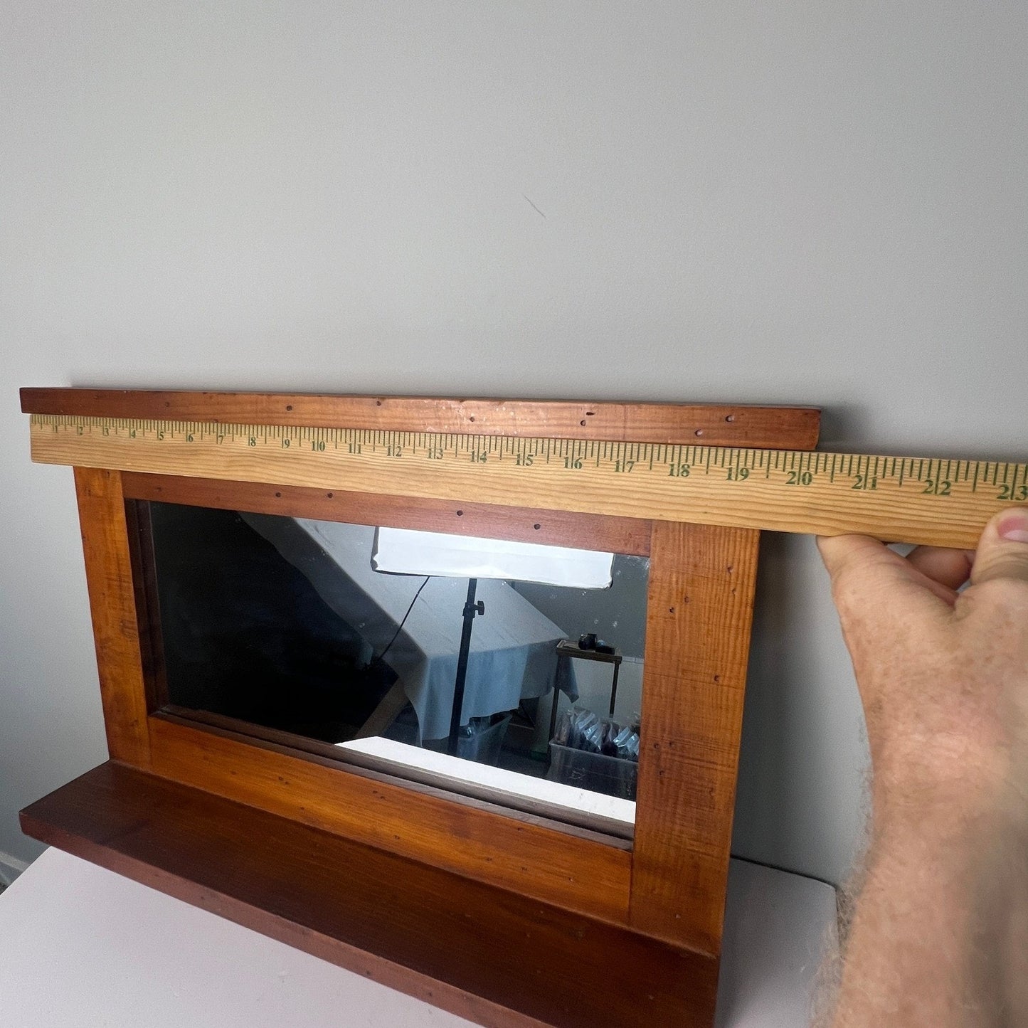 Wood Wall Mirror Entryway Shelf 20x14 Brown Rustic Farmhouse Decor Grandmacore